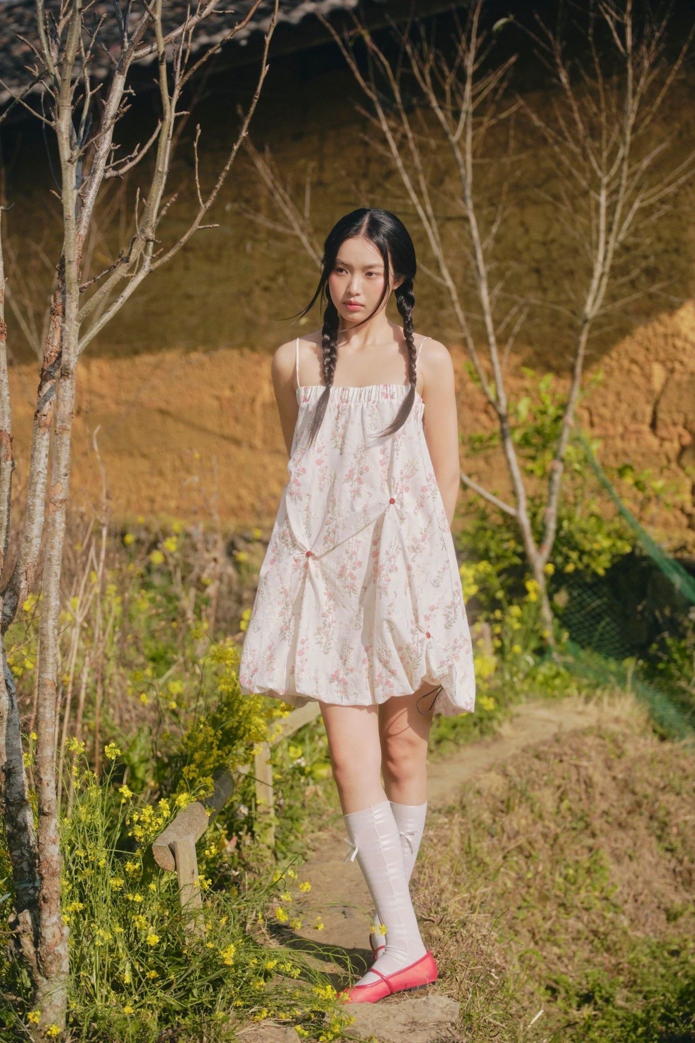 Váy suông 2 dây Cream Fleur Muslin Puff Ruffled Dress