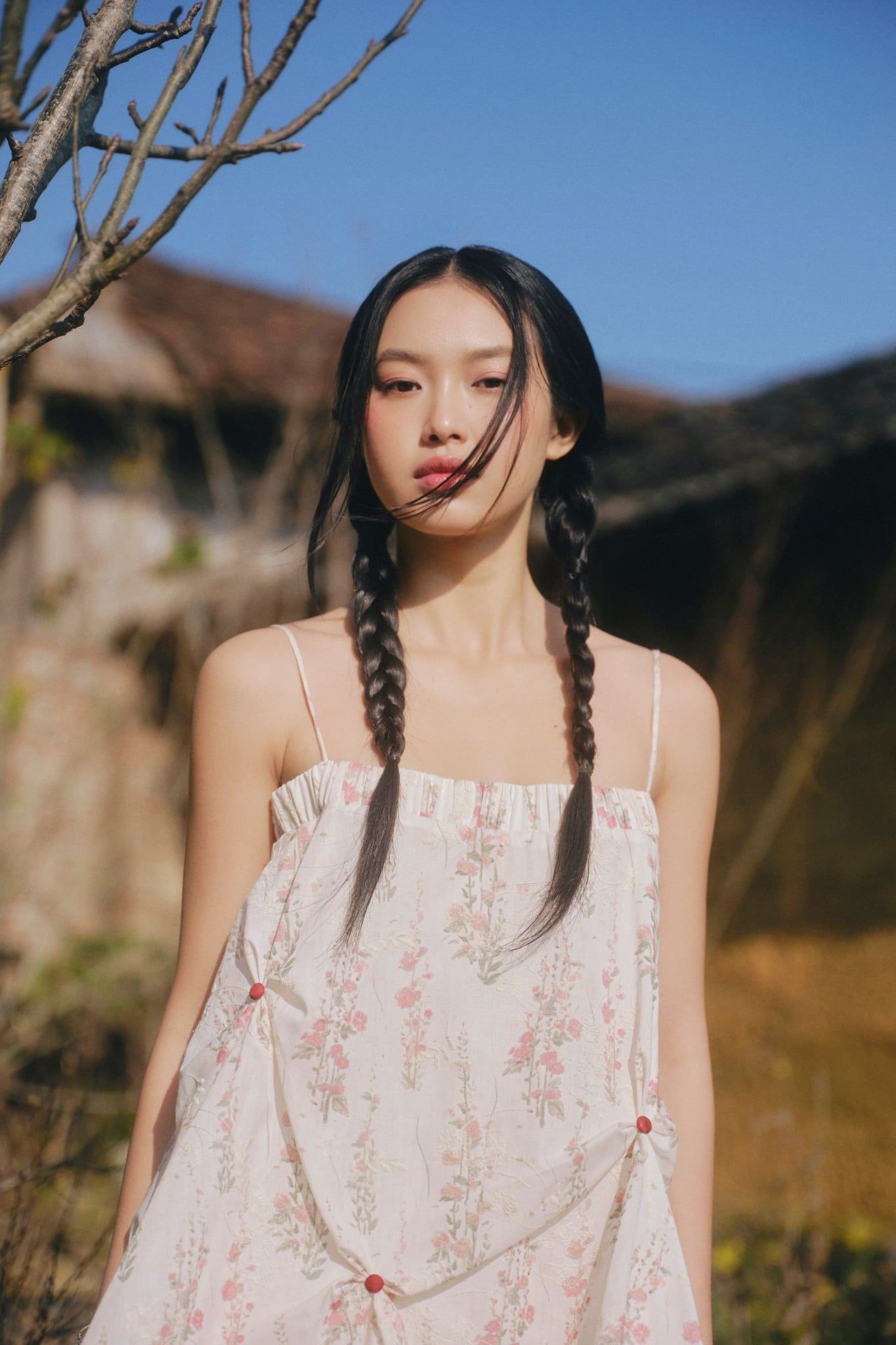 Váy suông 2 dây Cream Fleur Muslin Puff Ruffled Dress