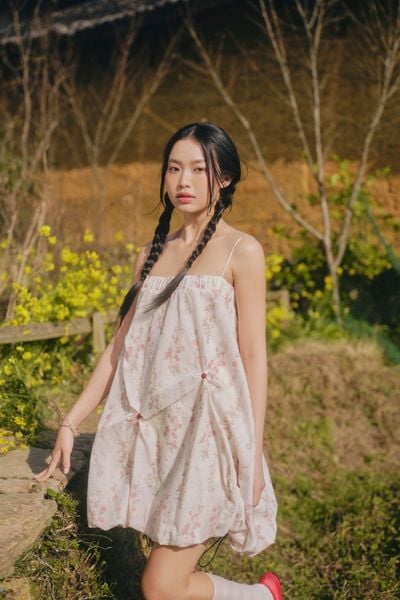  Váy suông 2 dây Cream Fleur Muslin Puff Ruffled Dress 