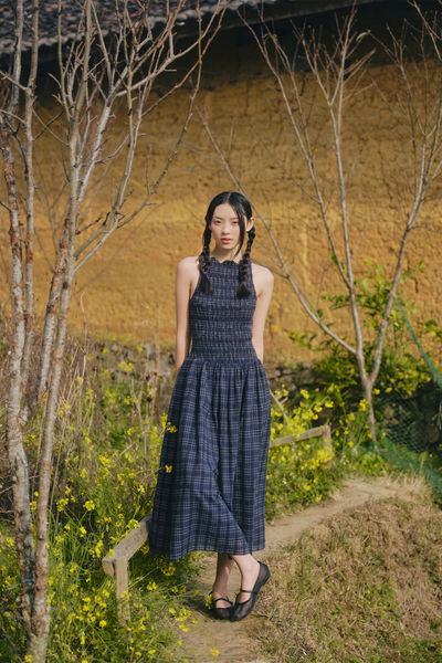  Đầm xanh đen dài cổ tròn Navy Checked Sleeveless Round Neck Maxi Dress 