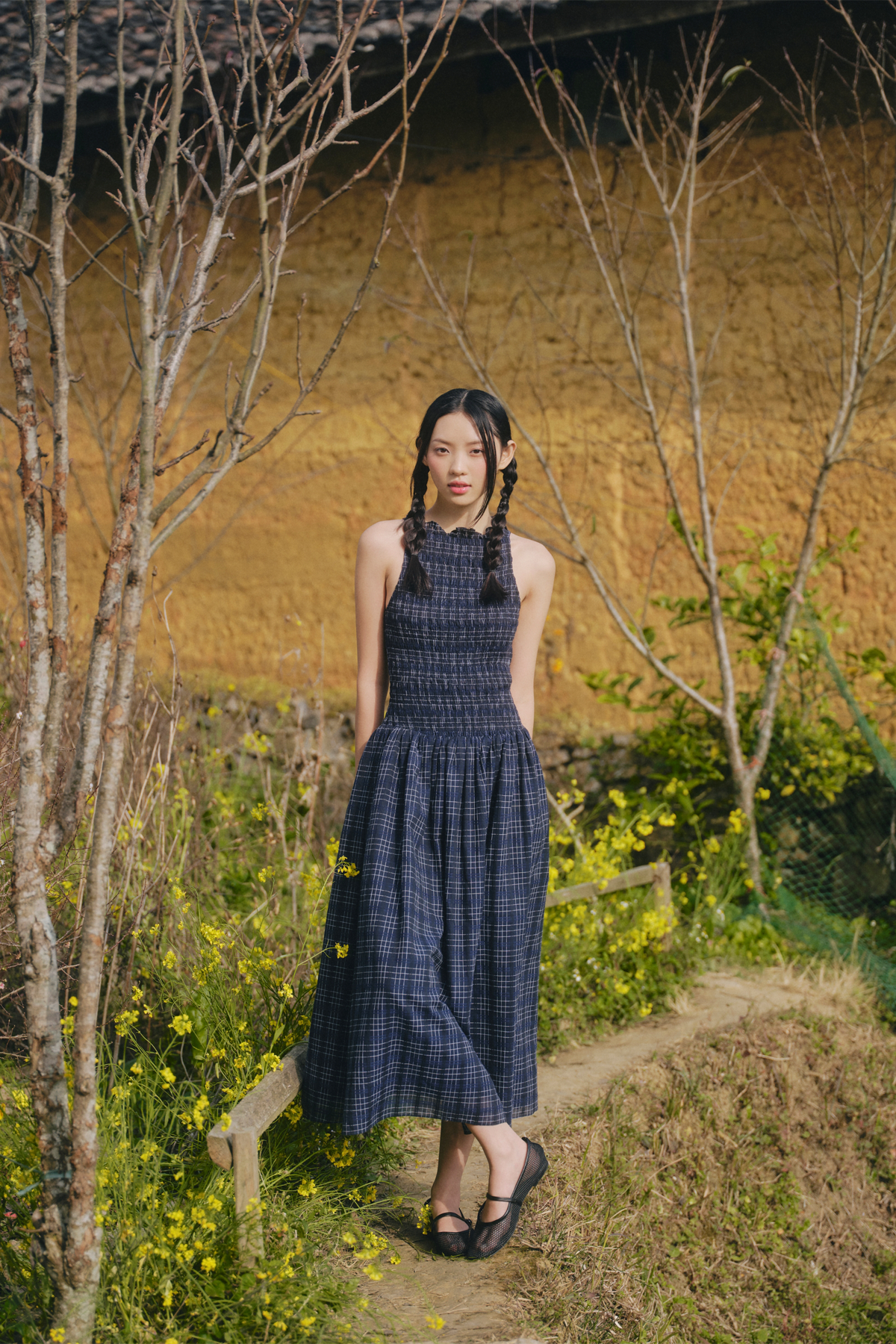 Đầm xanh đen dài cổ tròn Navy Checked Sleeveless Round Neck Maxi Dress