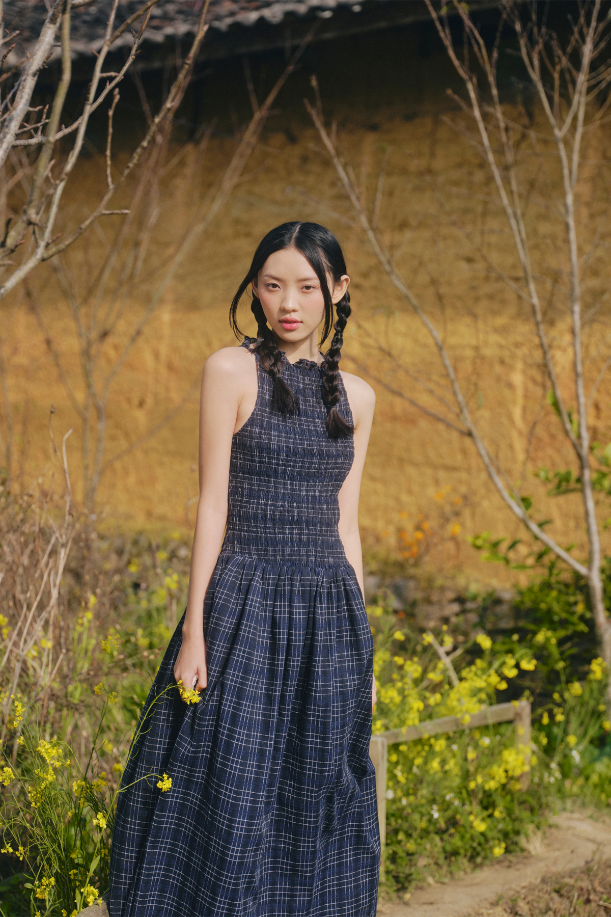 Đầm xanh đen dài cổ tròn Navy Checked Sleeveless Round Neck Maxi Dress