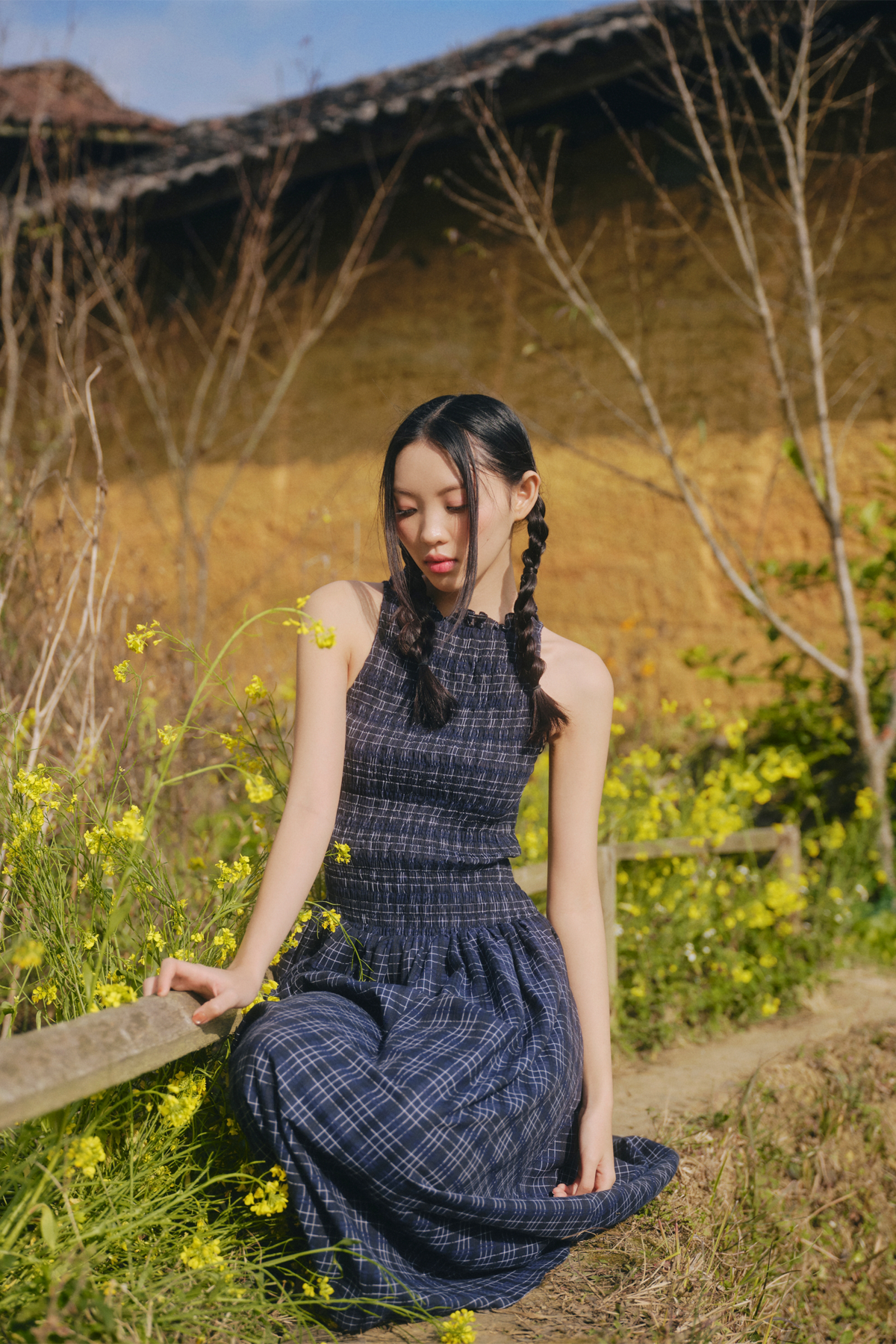 Đầm xanh đen dài cổ tròn Navy Checked Sleeveless Round Neck Maxi Dress