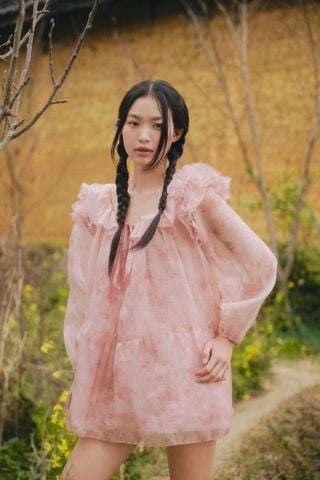 Váy suông rộng Pink Fleur Chiffon Ruffled Dress