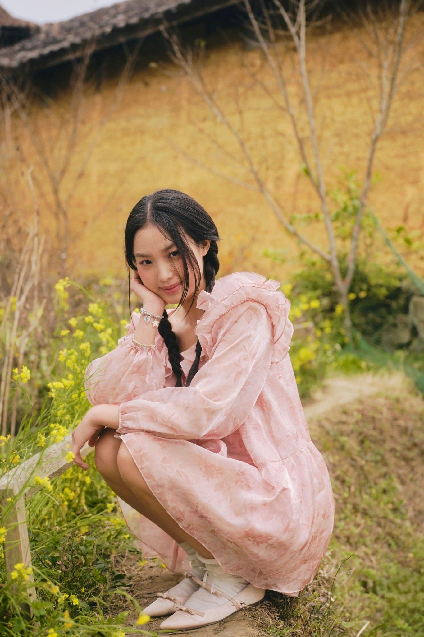 Váy suông rộng Pink Fleur Chiffon Ruffled Dress