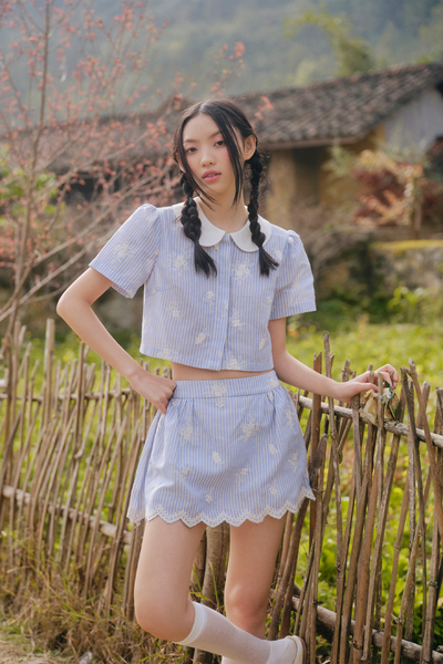  Set áo và chân váy Blue Linen Striped Bowey Set 