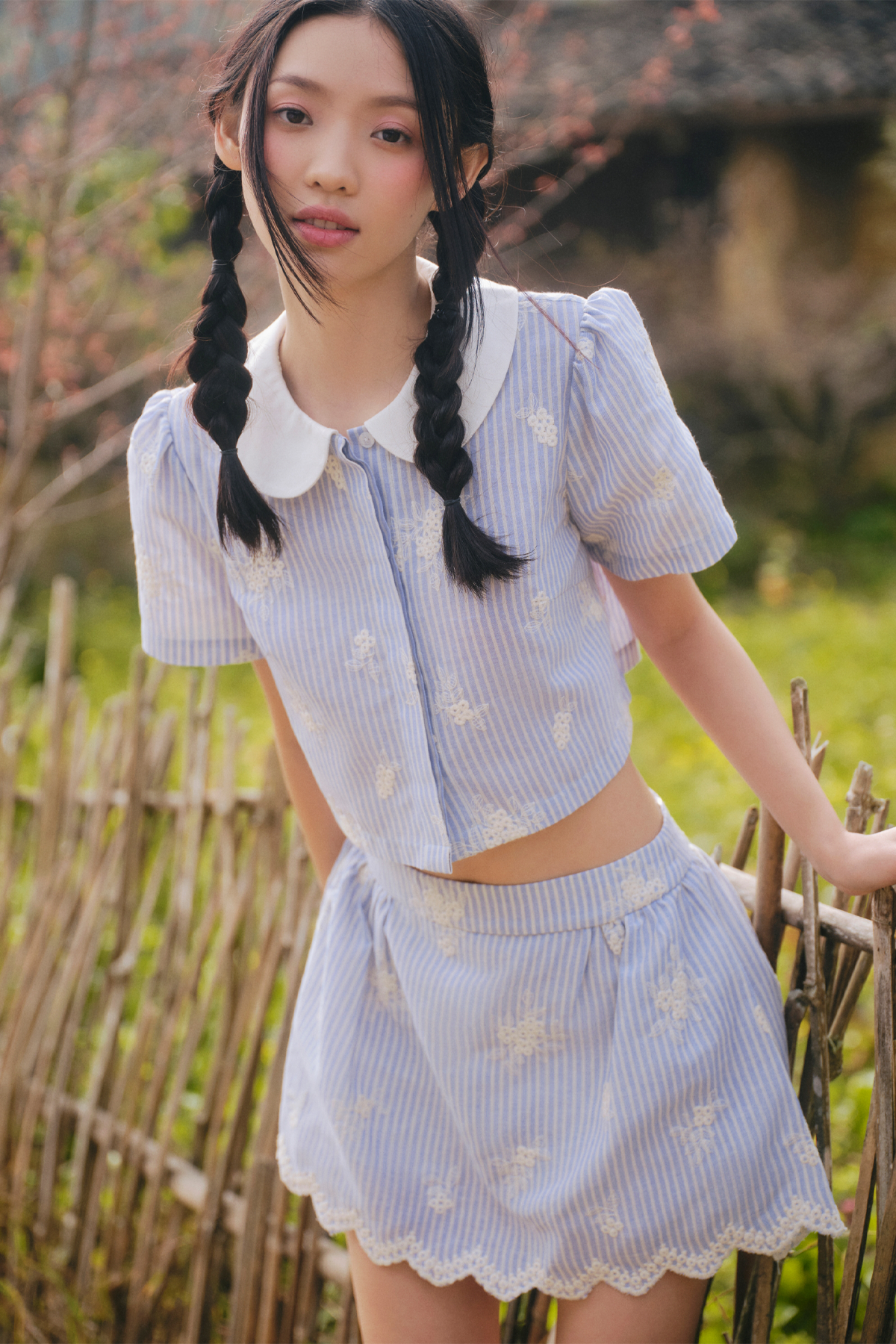 Set áo và chân váy Blue Linen Striped Bowey Set