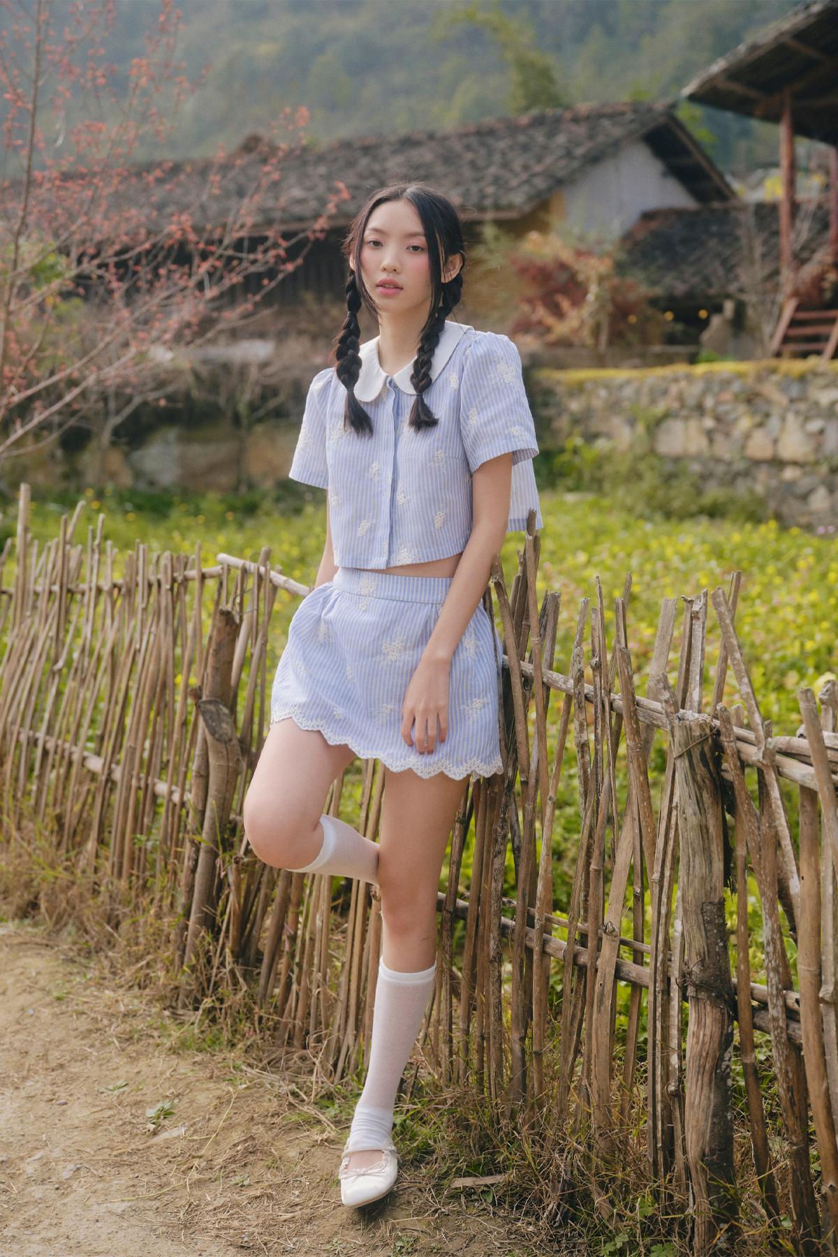 Set áo và chân váy Blue Linen Striped Bowey Set