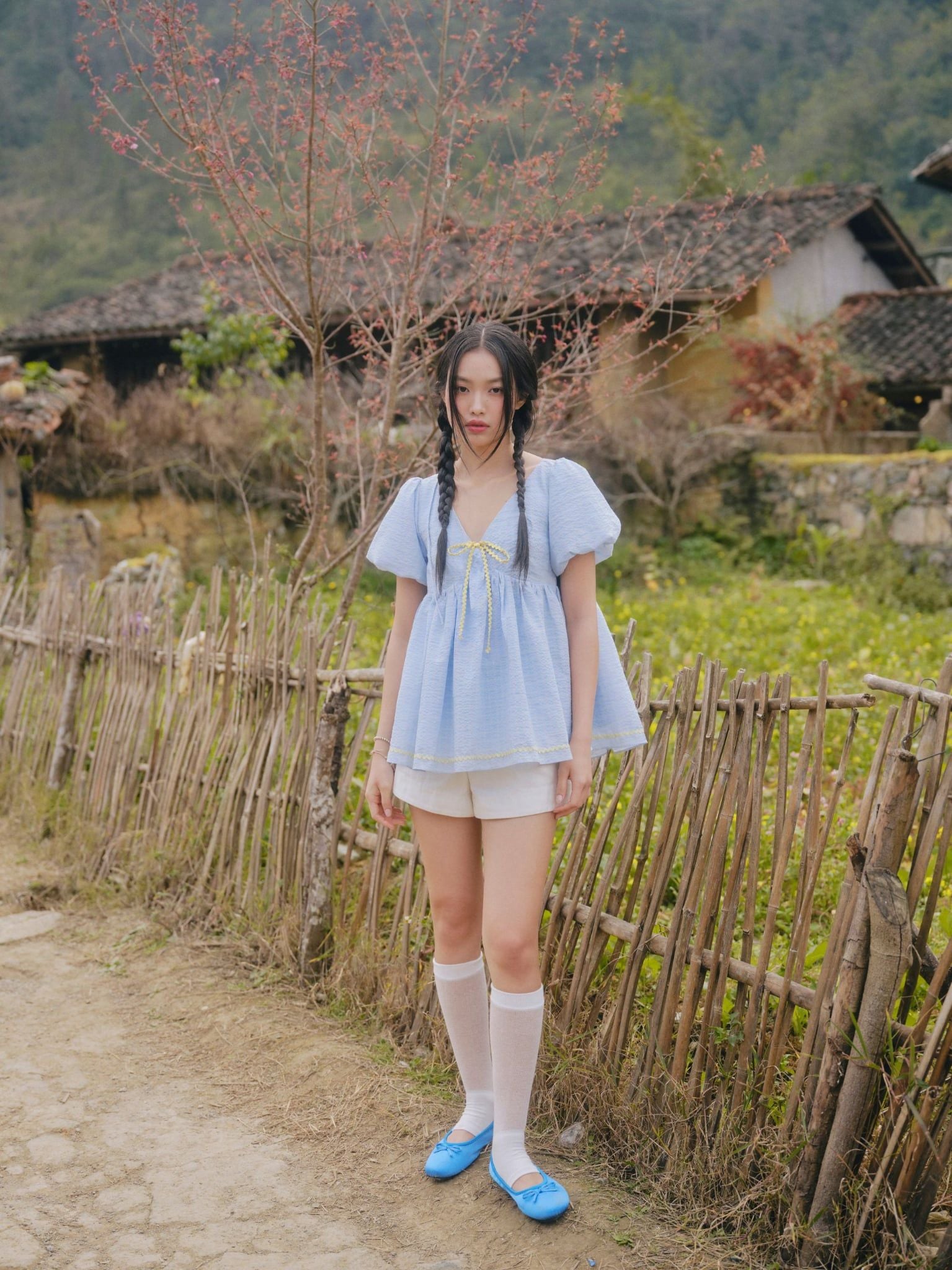 Áo babydoll Butter V Neck Puff Sleeve Babydoll Top nhiều màu