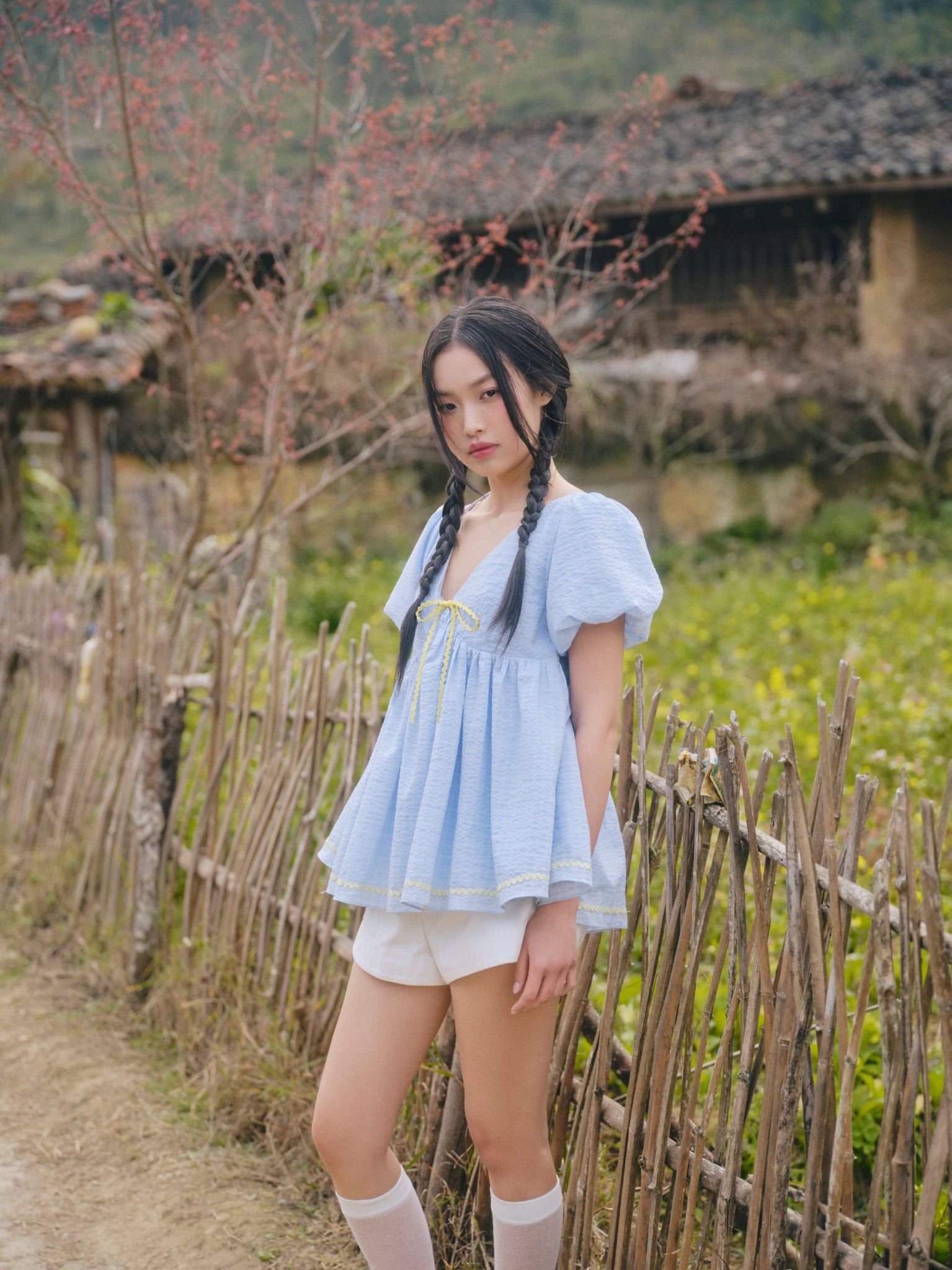Áo babydoll Butter V Neck Puff Sleeve Babydoll Top nhiều màu