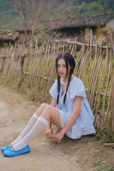  Áo babydoll Blue Bow Puff Sleeve Vneck Top 