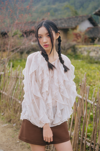  Áo voan tay dài Cream Chiffon Layered Ruffle Tie Neck Top 