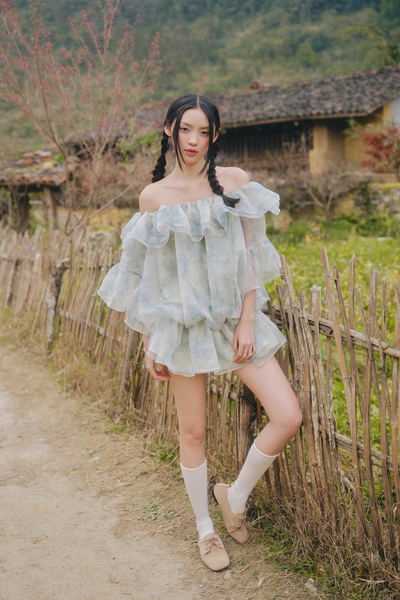  Váy hoa xanh Sage Green Fleur Off Shoulder Ruffle Mini Dress 