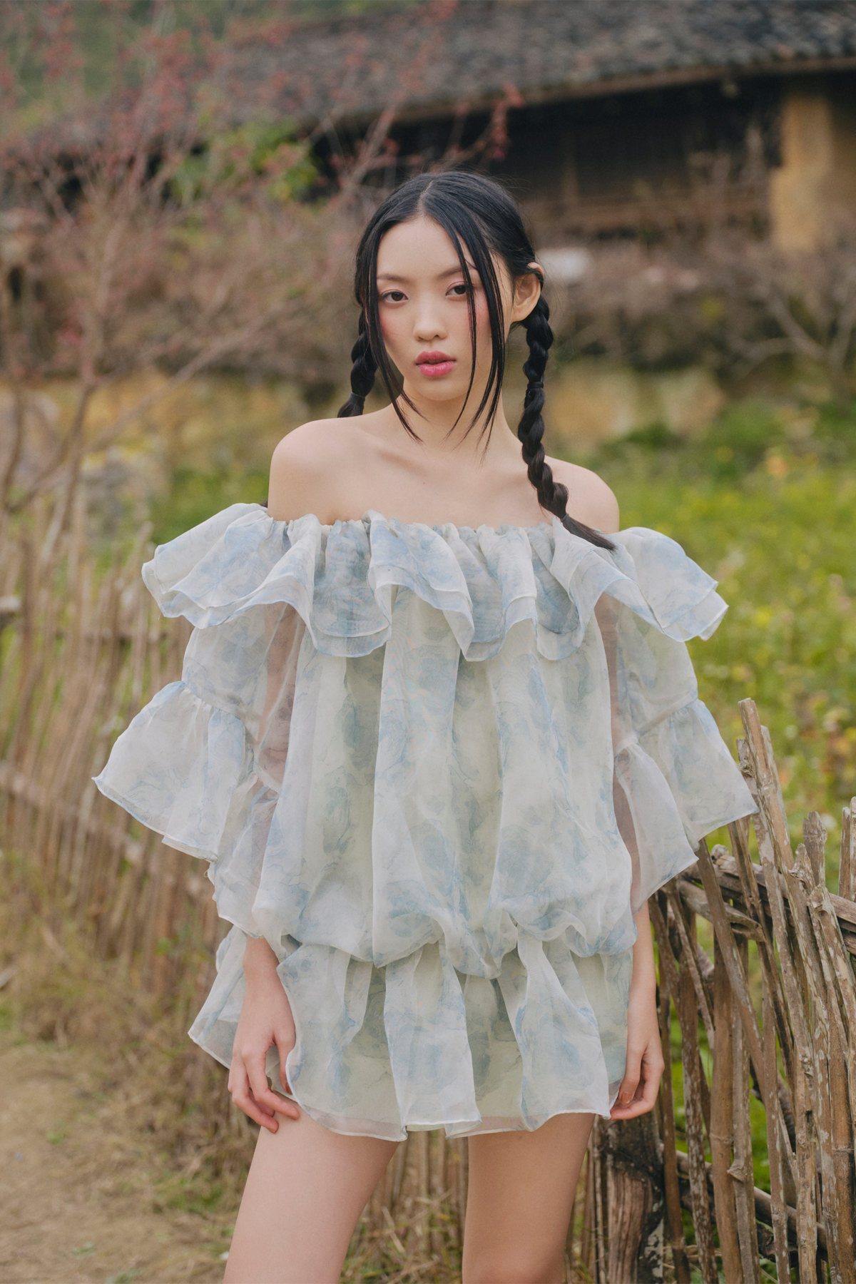 Váy hoa xanh Sage Green Fleur Off Shoulder Ruffle Mini Dress