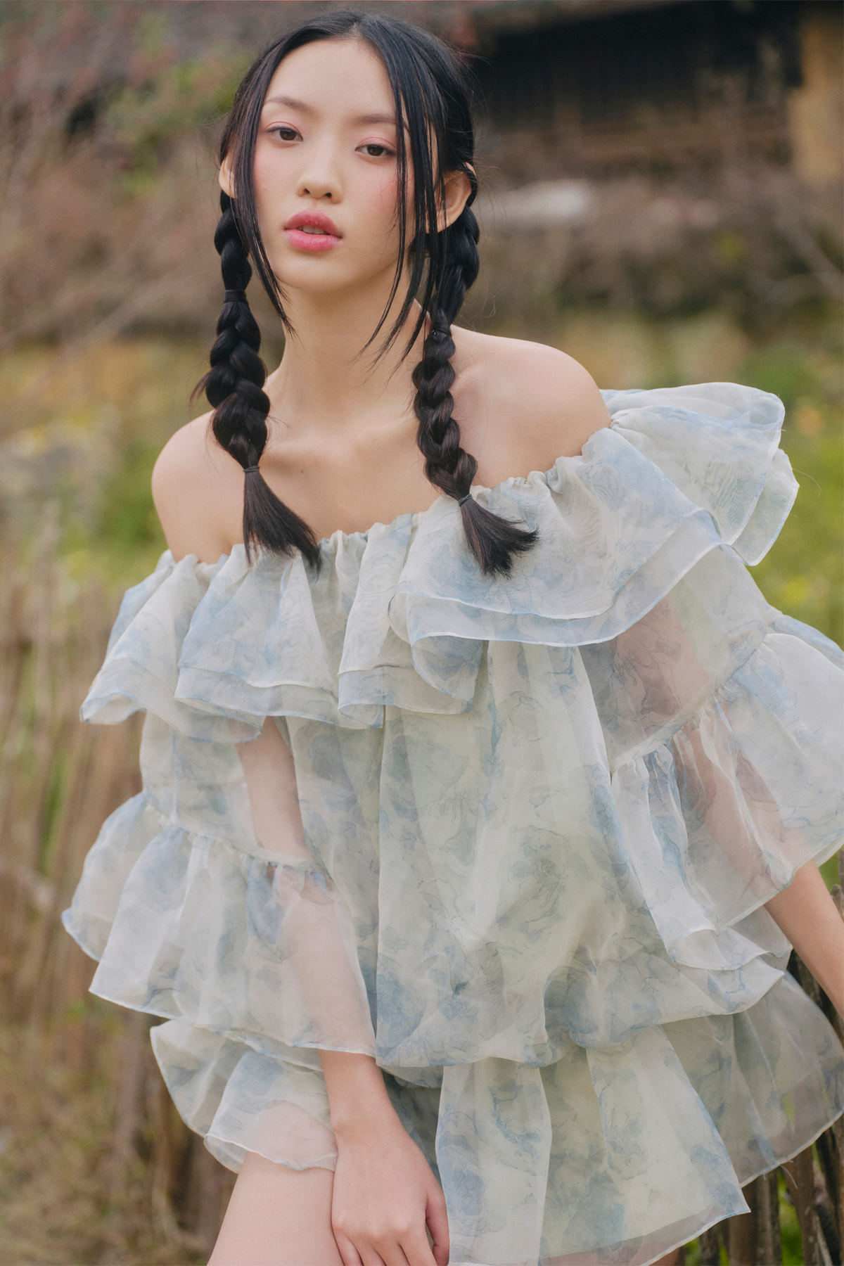 Váy hoa xanh Sage Green Fleur Off Shoulder Ruffle Mini Dress