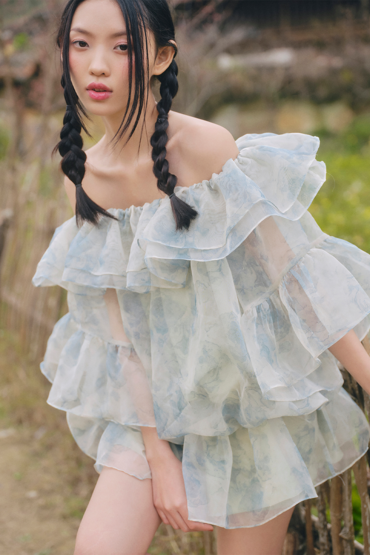 Váy hoa xanh Sage Green Fleur Off Shoulder Ruffle Mini Dress