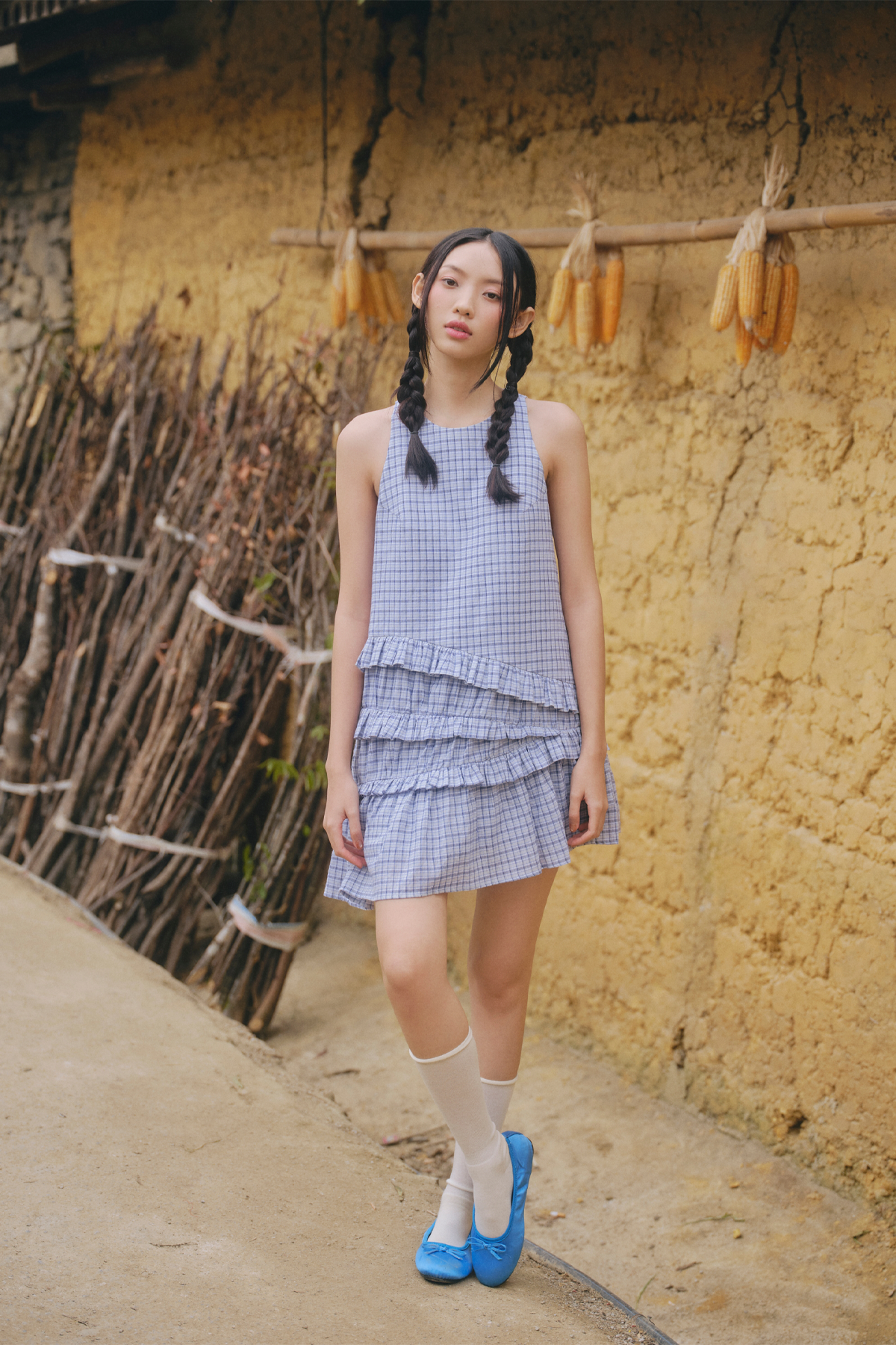 Váy xanh caro cổ yếm Blue Checked Halter Tiered Mini Dress