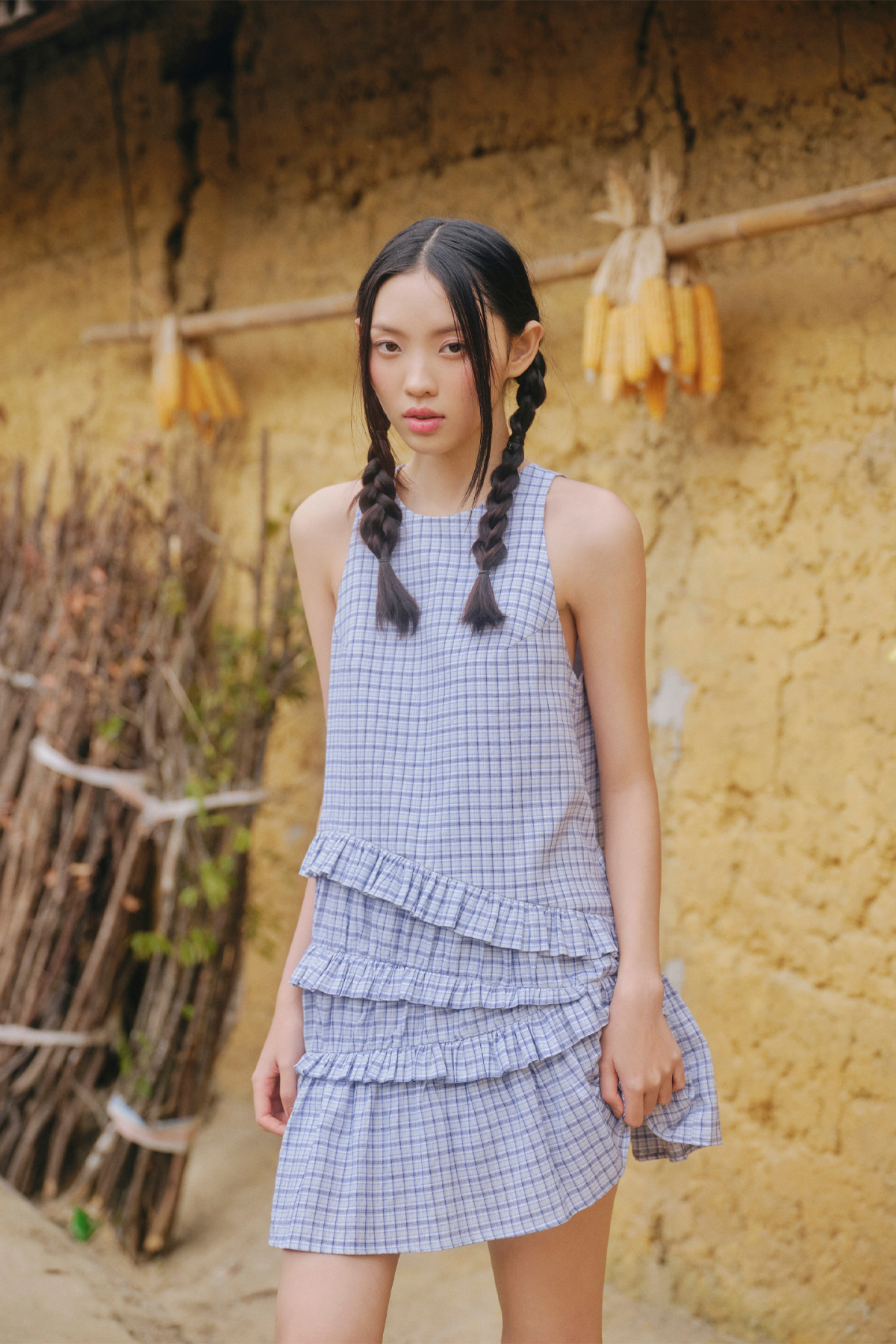 Váy xanh caro cổ yếm Blue Checked Halter Tiered Mini Dress