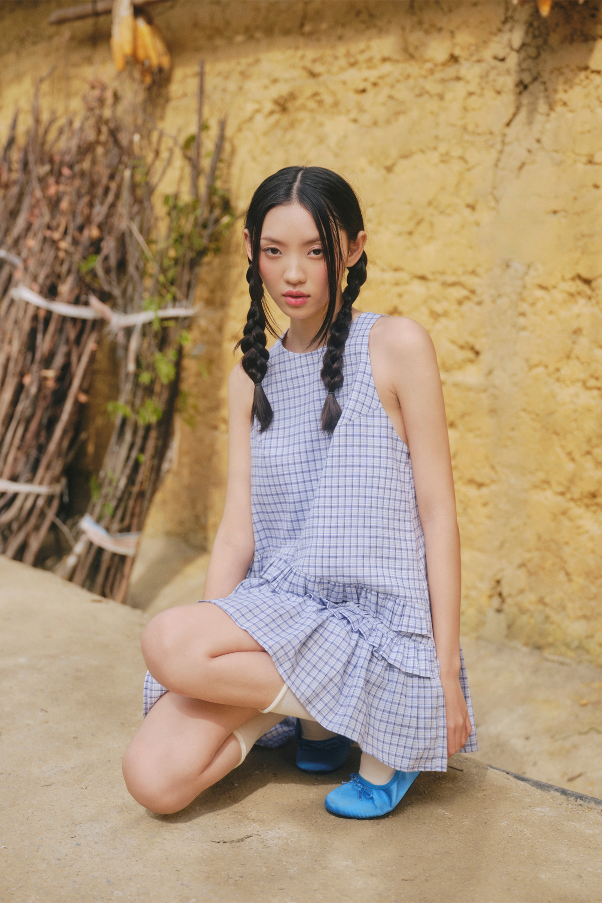 Váy xanh caro cổ yếm Blue Checked Halter Tiered Mini Dress