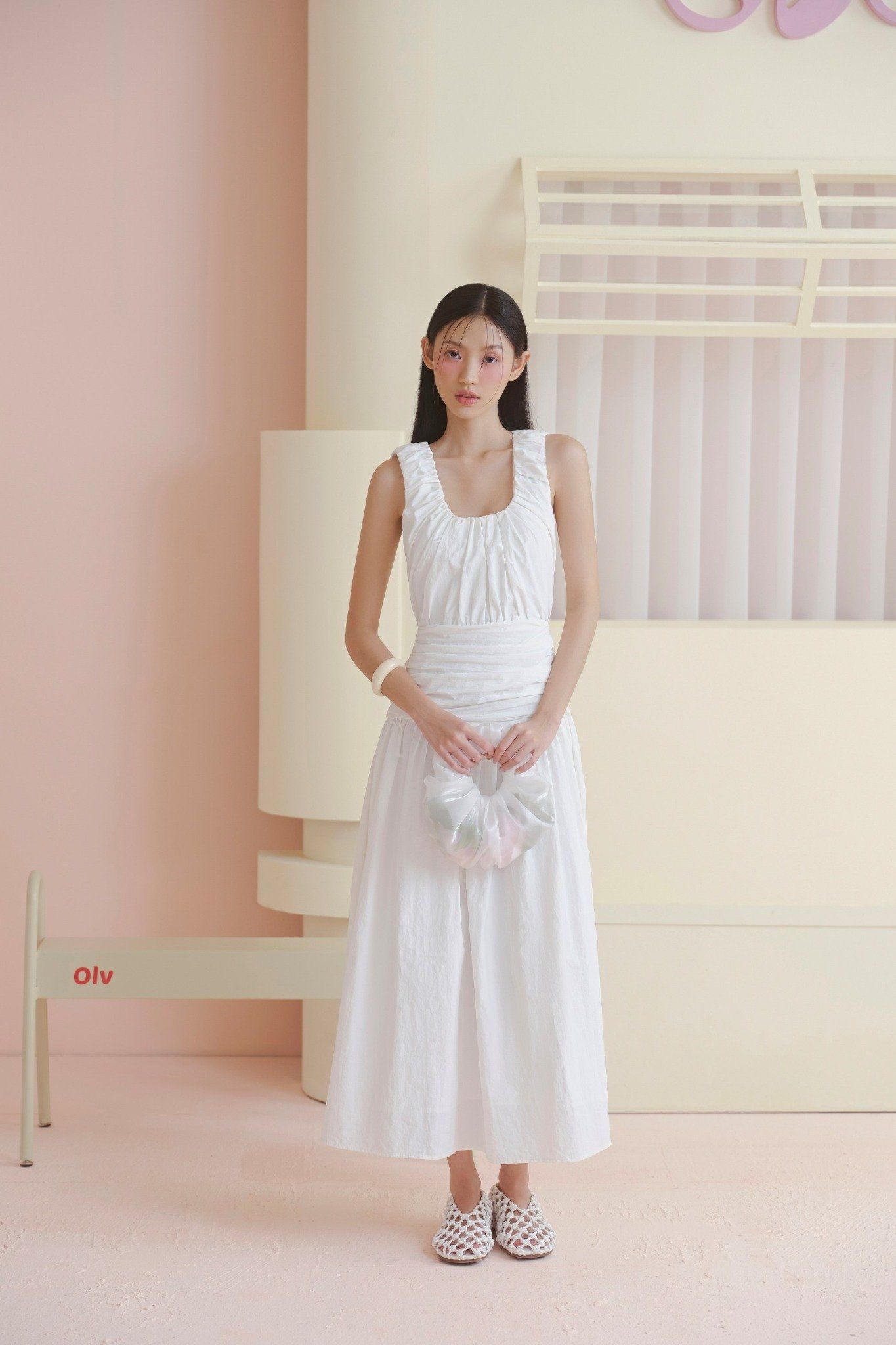 White Ruched Round Neck Dress