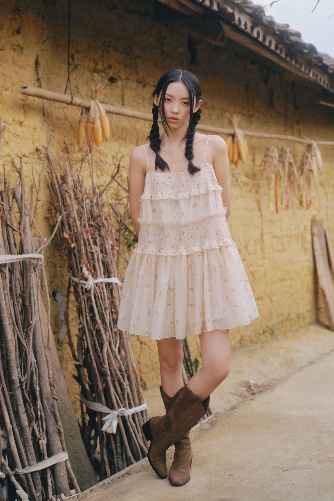 Váy suông 2 dây Beige Fleur Chiffon Cami Tiered Dress