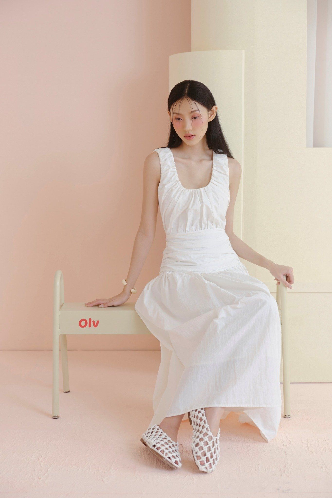 White Ruched Round Neck Dress