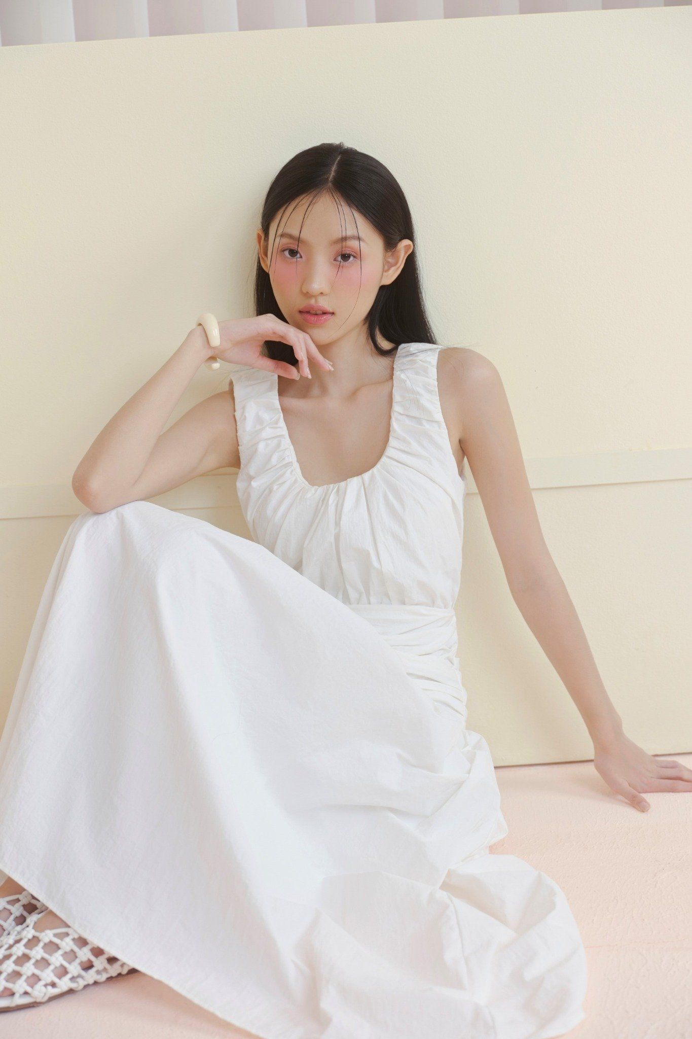 White Ruched Round Neck Dress