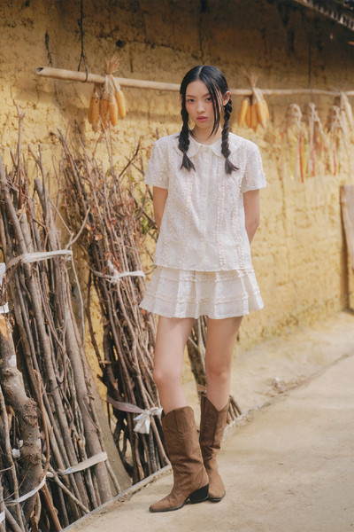  Set áo và chân váy váy kem Cream Lace Chiffon Fleur Collar Set 