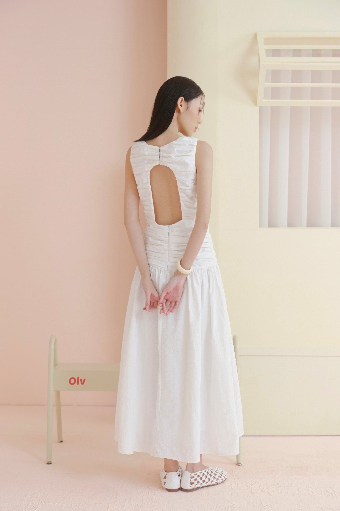 White Ruched Round Neck Dress