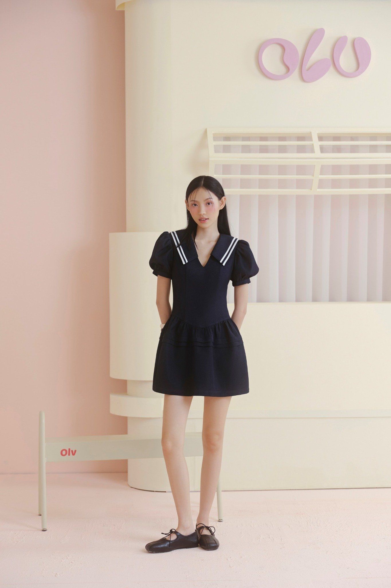 Navy Puff Sleeves Sailor Dress