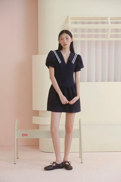  Navy Puff Sleeves Sailor Dress 