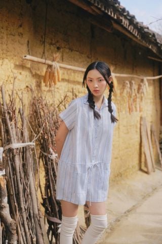 Bộ áo liền quần Light Blue Linen Striped Drawstring Jumpsuit