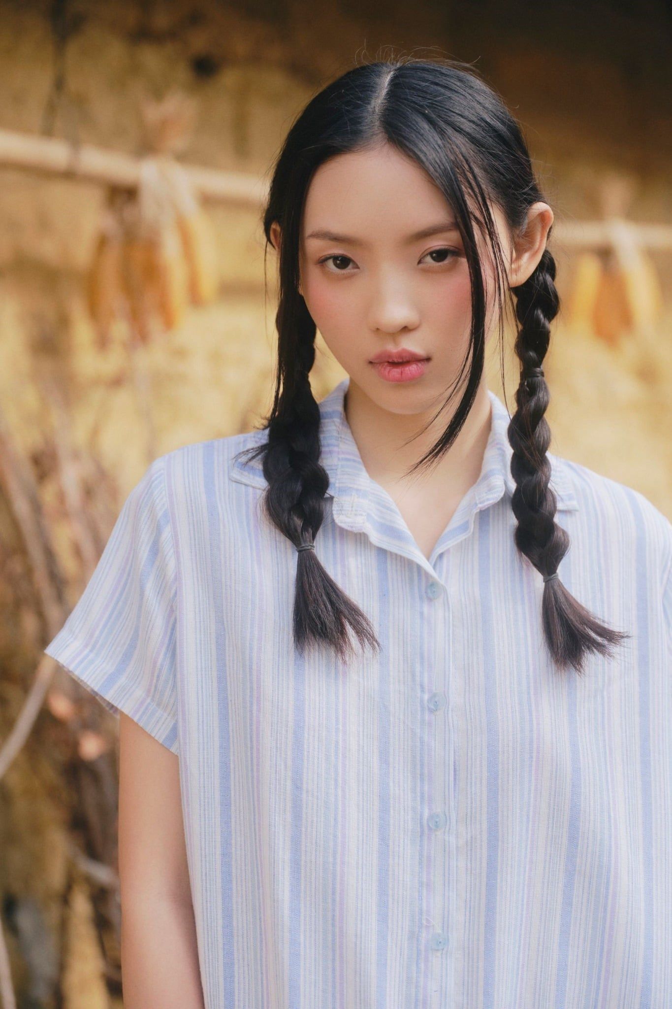 Bộ áo liền quần Light Blue Linen Striped Drawstring Jumpsuit