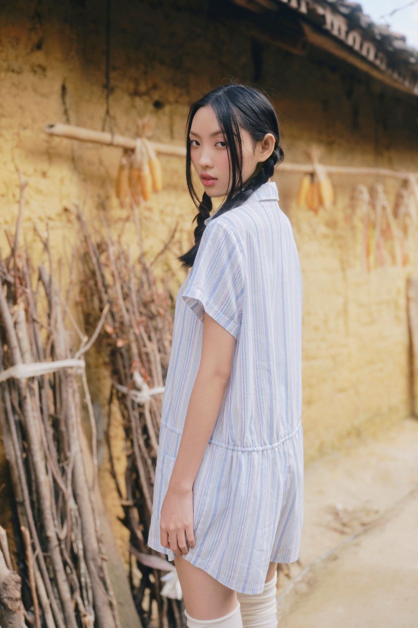 Bộ áo liền quần Light Blue Linen Striped Drawstring Jumpsuit