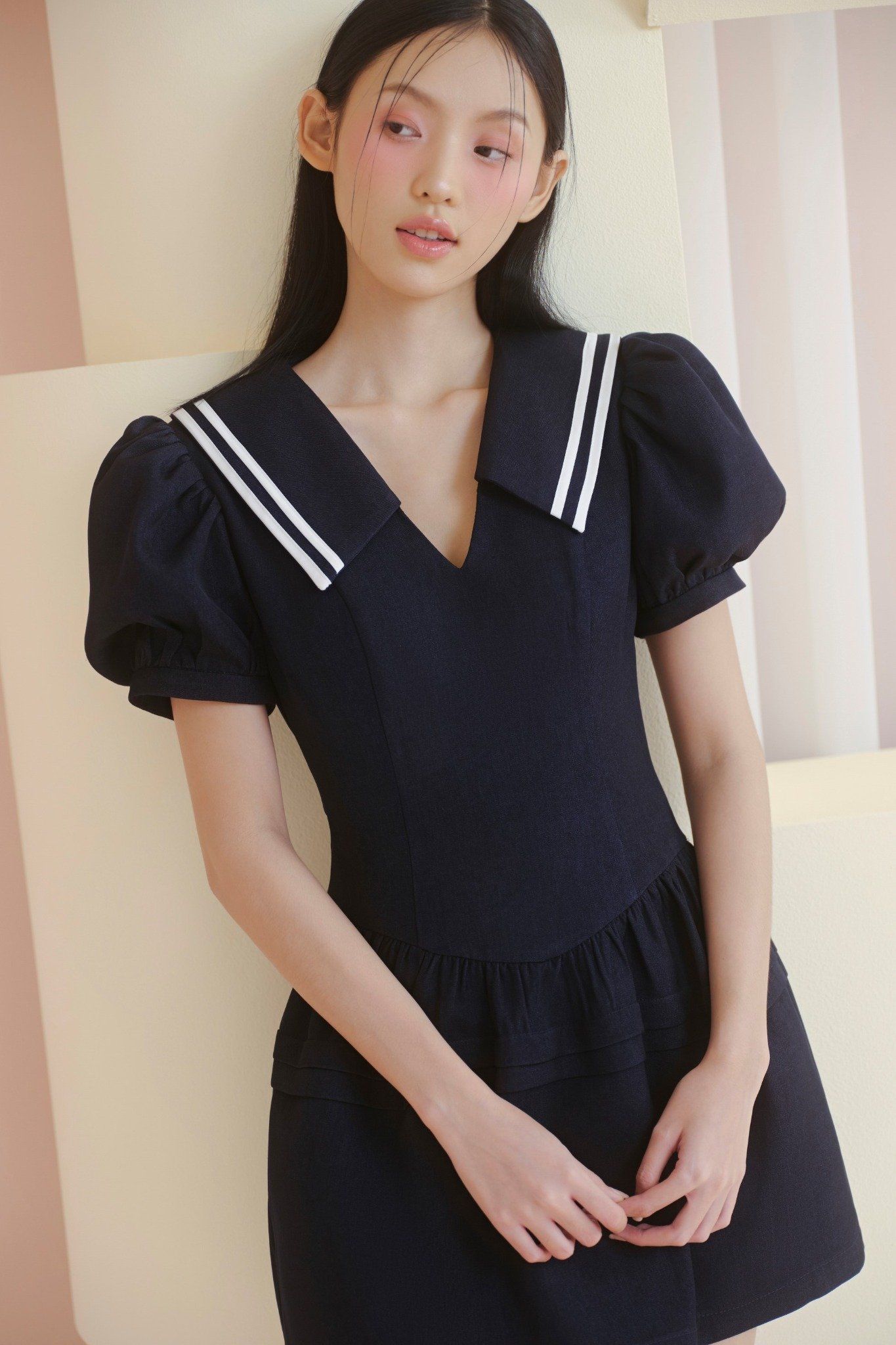 Navy Puff Sleeves Sailor Dress