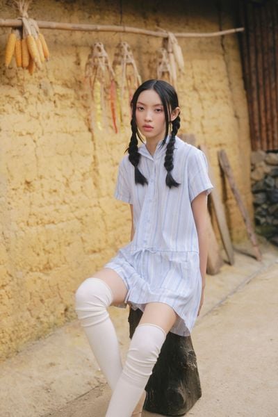  Bộ áo liền quần Light Blue Linen Striped Drawstring Jumpsuit 
