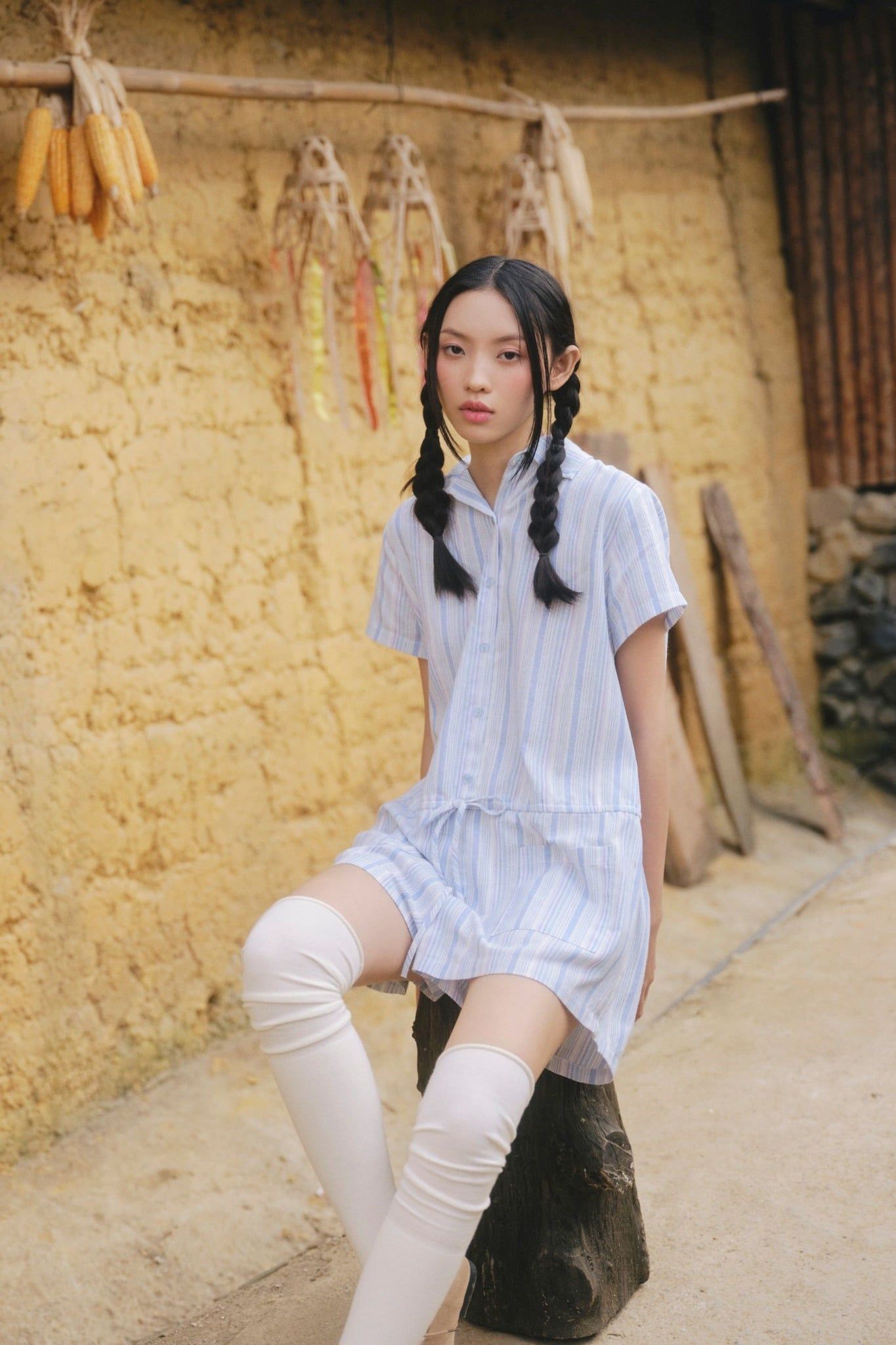 Bộ áo liền quần Light Blue Linen Striped Drawstring Jumpsuit