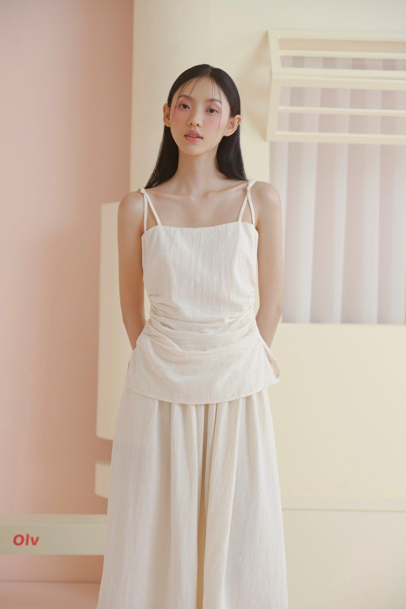 Cream Linen Strappy Ruched Dress