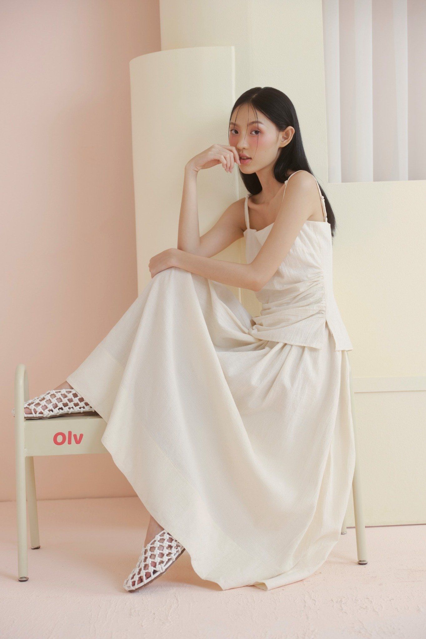 Cream Linen Strappy Ruched Dress