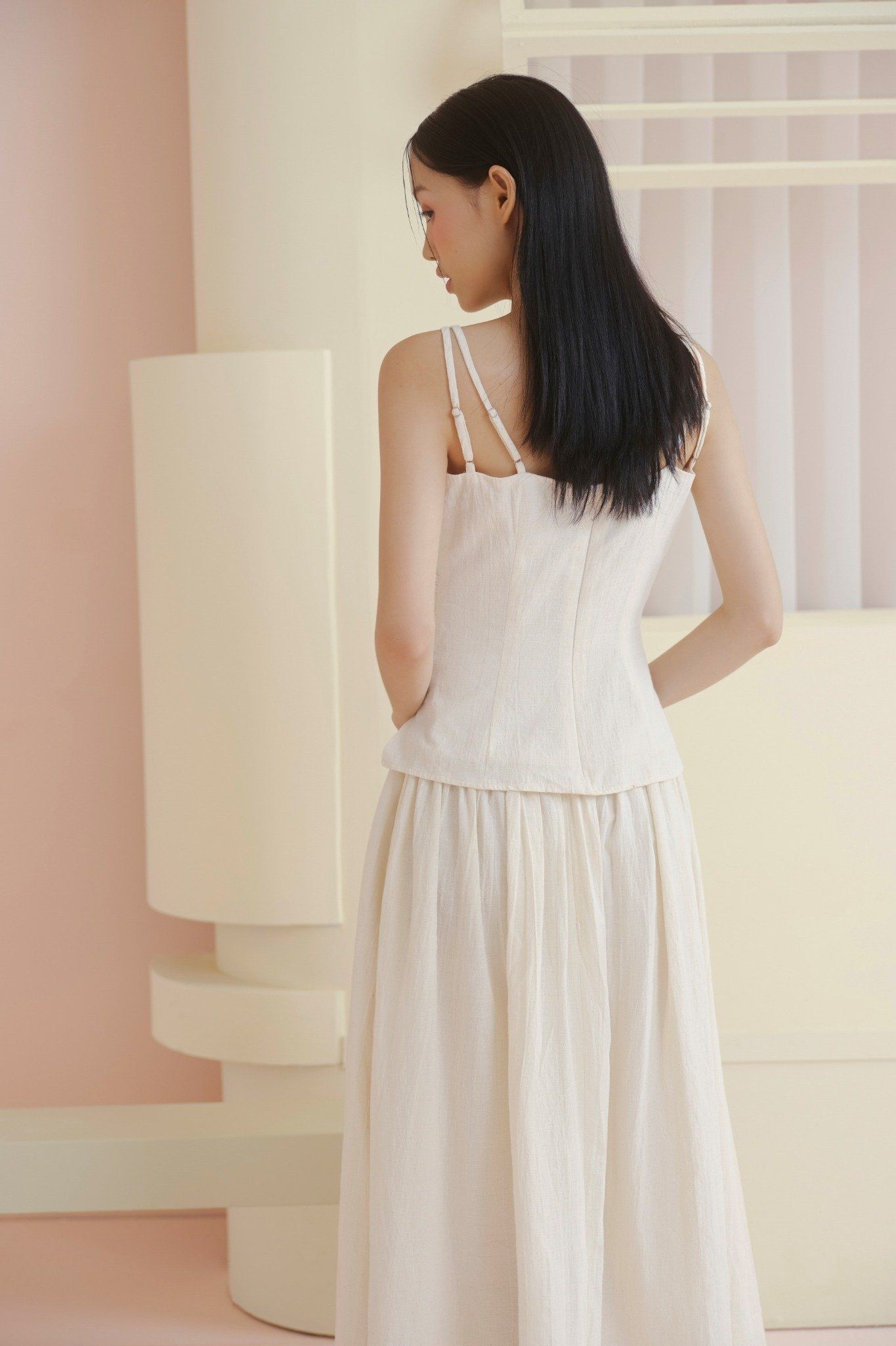 Cream Linen Strappy Ruched Dress