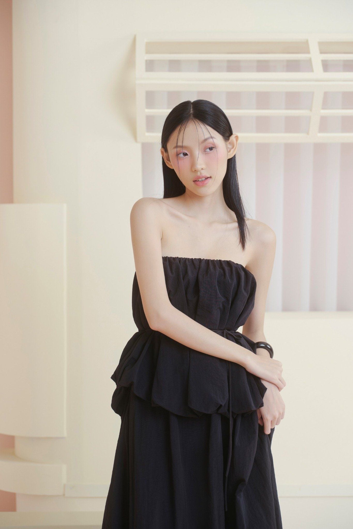 Black Pleated Peplum Cup Midi Dress