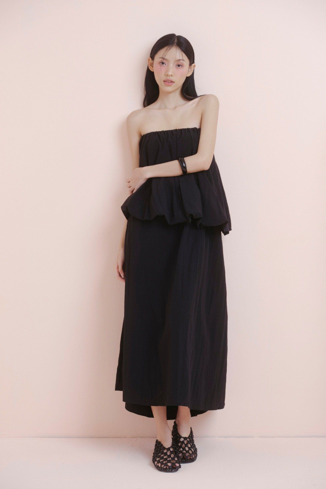 Black Pleated Peplum Cup Midi Dress