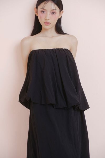  Black Pleated Peplum Cup Midi Dress 