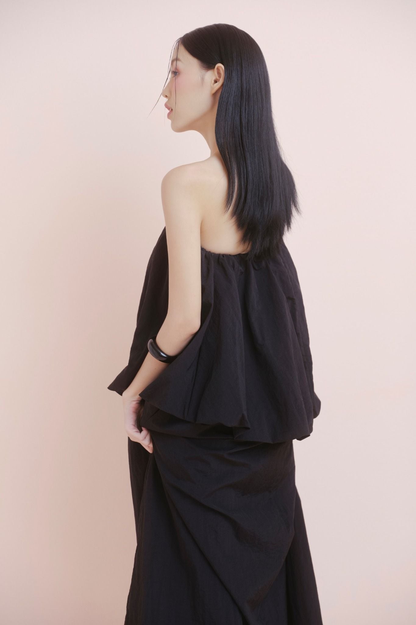 Black Pleated Peplum Cup Midi Dress