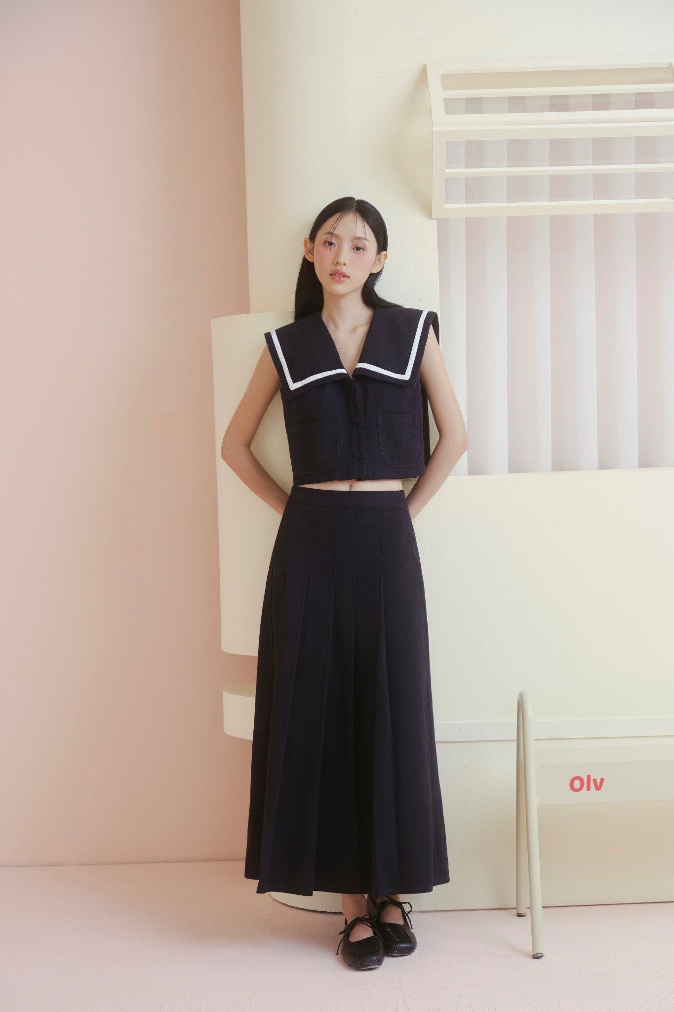 Áo Navy Sailor Collar Crop Top