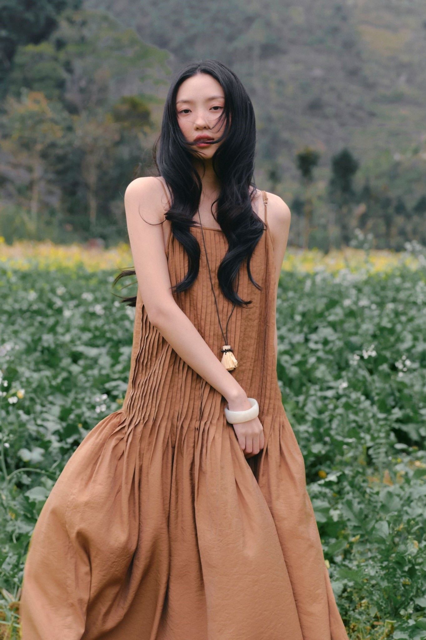 Váy maxi Brown Cotton Strappy Smocked Maxi Dress
