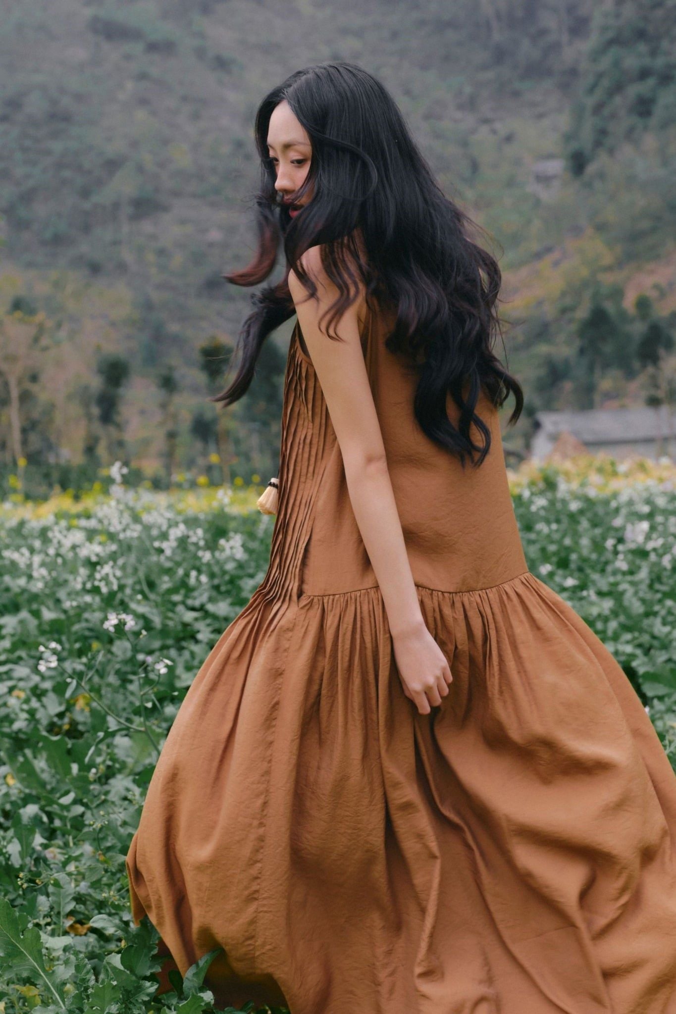 Váy maxi Brown Cotton Strappy Smocked Maxi Dress