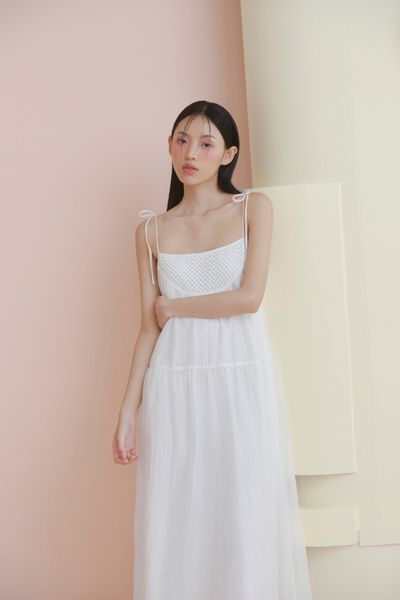  White Chiffon Strappy Crochet Dress 