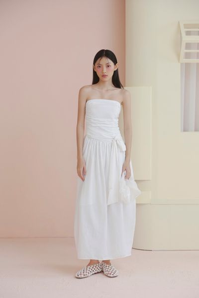  White Ruched Tie Waist Dress 