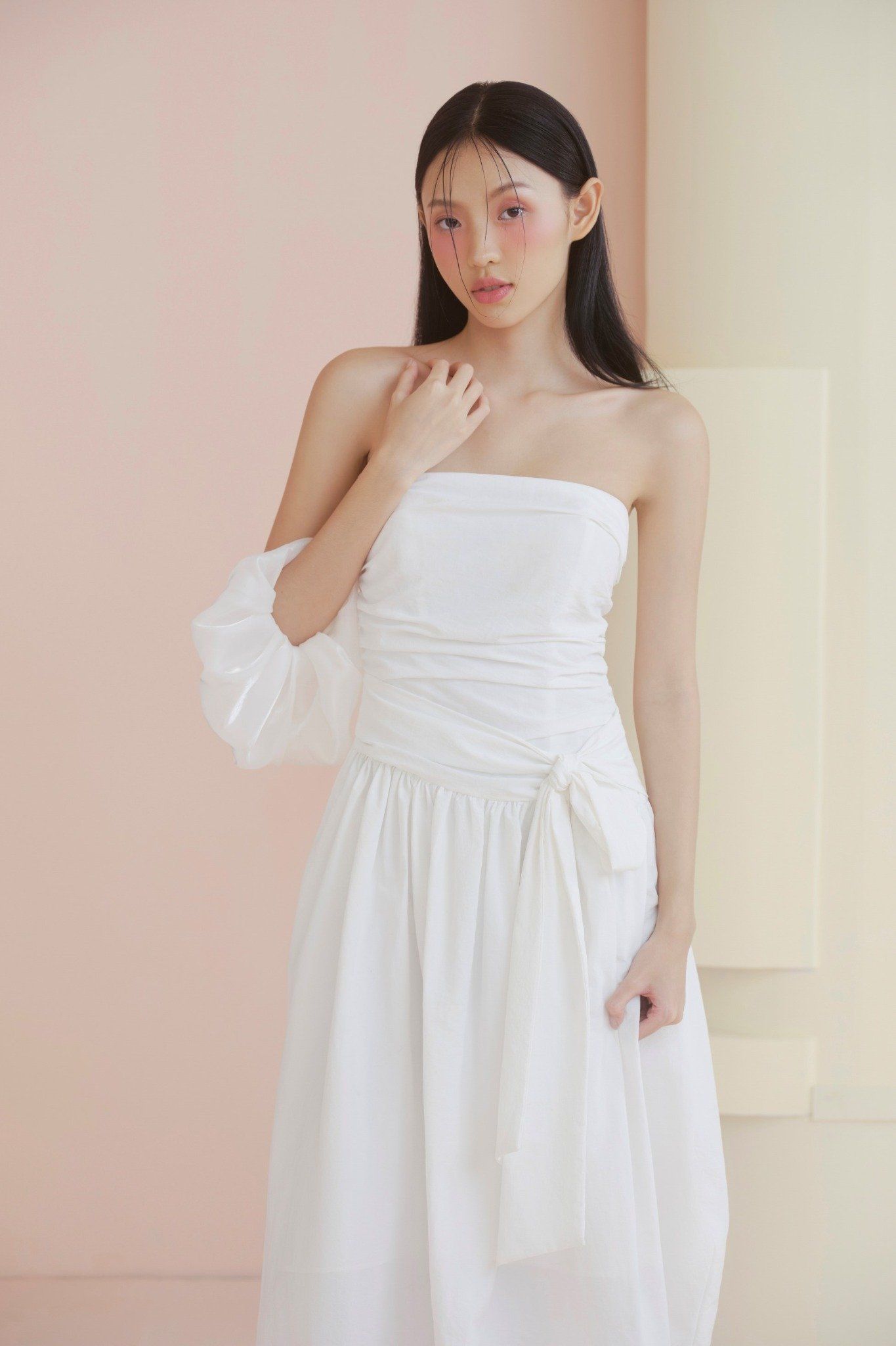 White Ruched Tie Waist Dress